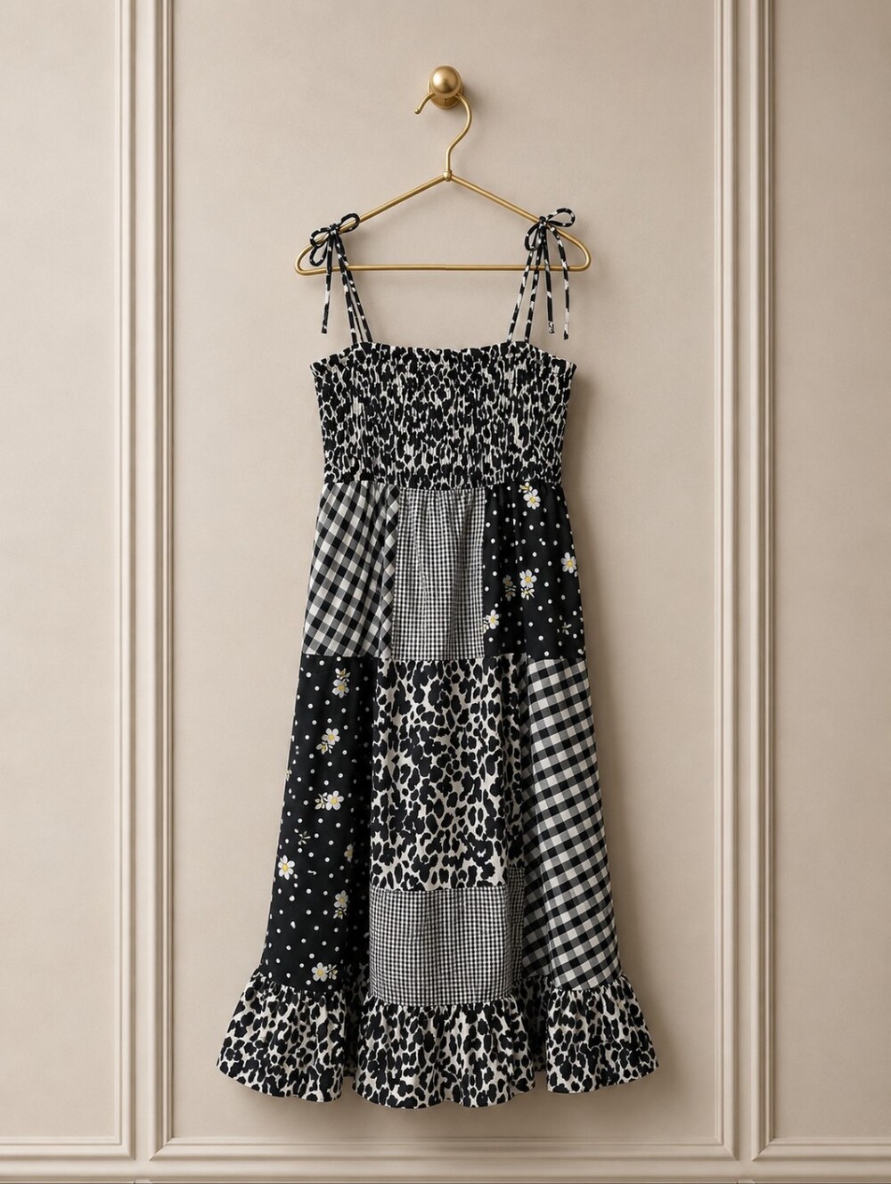 Sandy Liang Medium Black & White Patchwork Tie-Shoulder Maxi Dress Pockets